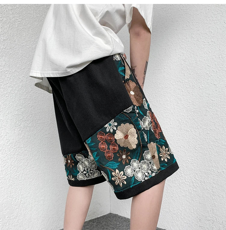 Summer Embroidery Shorts Men Fashion Casual Flower Shorts Mens Japanese Streetwear Loose Hip-hop Straight Shorts Men Plus Size Street King Limited