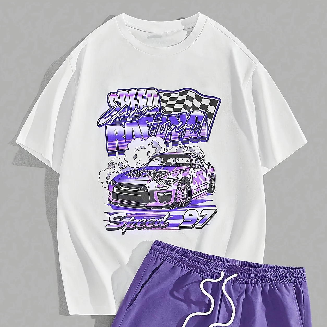 casual summer outfit set car graphic t shirts print shotr pants harajuku tracksuit streetwear purple sweatpants y2k men clothing unique joggers style 3879