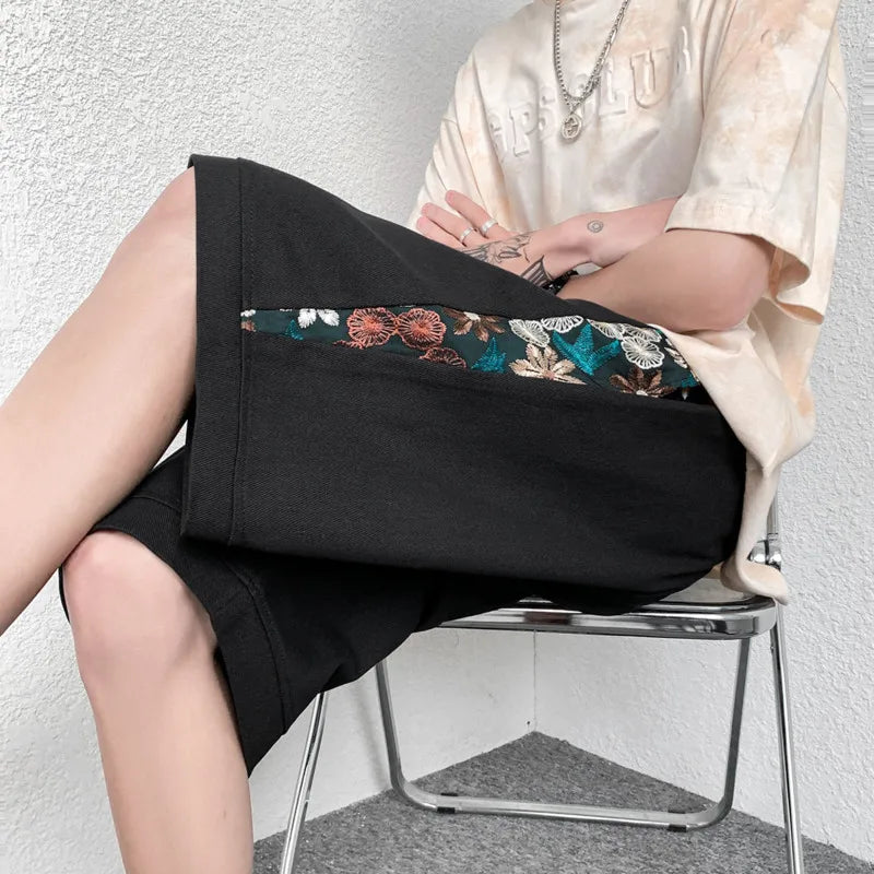 Summer Embroidery Shorts Men Fashion Casual Flower Shorts Mens Japanese Streetwear Loose Hip-hop Straight Shorts Men Plus Size Street King Limited