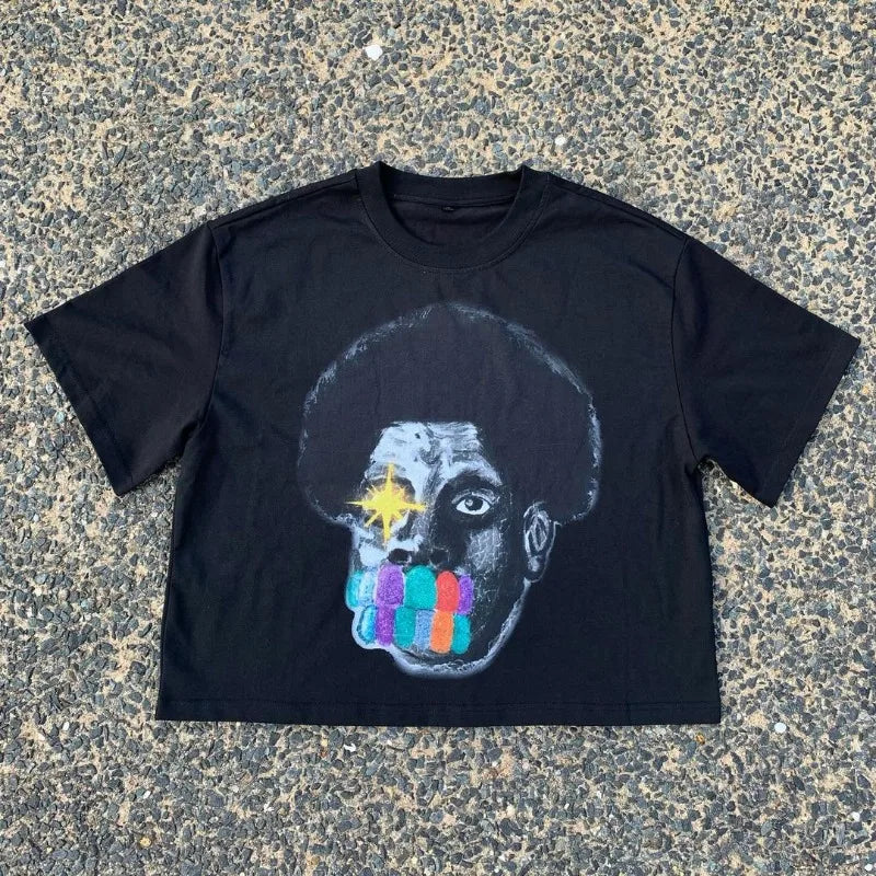 Summer American High Street Fashion Brand Round Neck Short-sleeved Y2k Harajuku Retro Anime Print Oversized Couple T-shirt Top Street King Limited