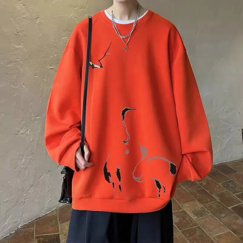Ink Painting Cartoon Crane Printed Pullover Hoodies For Men 2024 New Hip Hop Fashion Crewneck Hoody Y2K Streetwear Sweatshirts Street King Limited