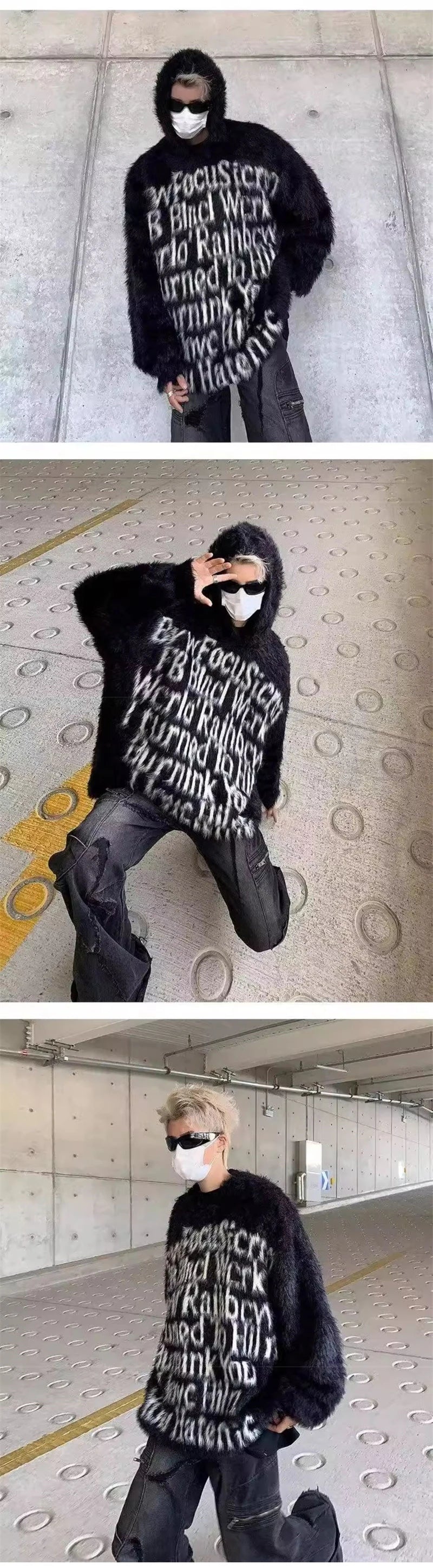 American Goth Fashion Hooded Sweater Mens Hip Hop Letter Jacquard Knit