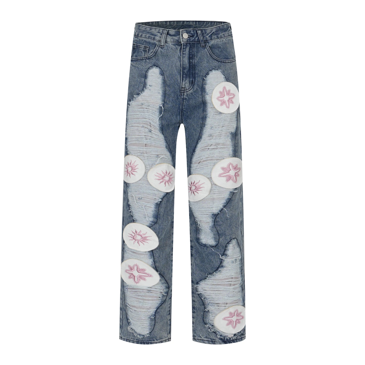 y2k streetwear embroidered ripped wide jeans for men washed destroyed torn flared jean male tassels hip hop jeans pants baggy unique jeans style 5163