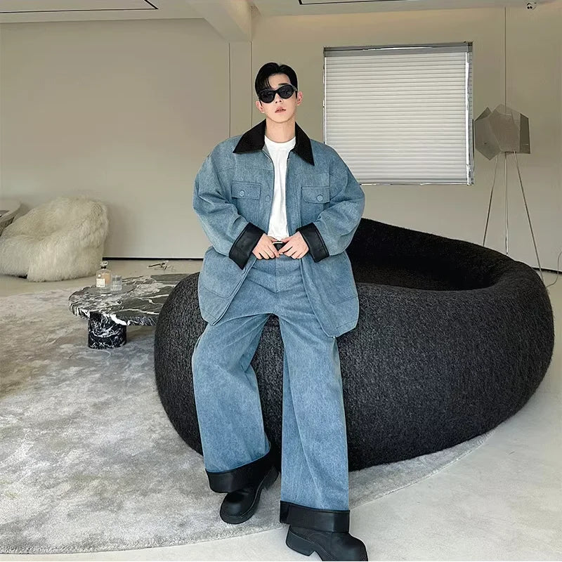 fashion show suits men streetwear washed denim splice loose casual jacket wide leg jeans pants 2 piece sets coat trousers suits unique jeans style 2633