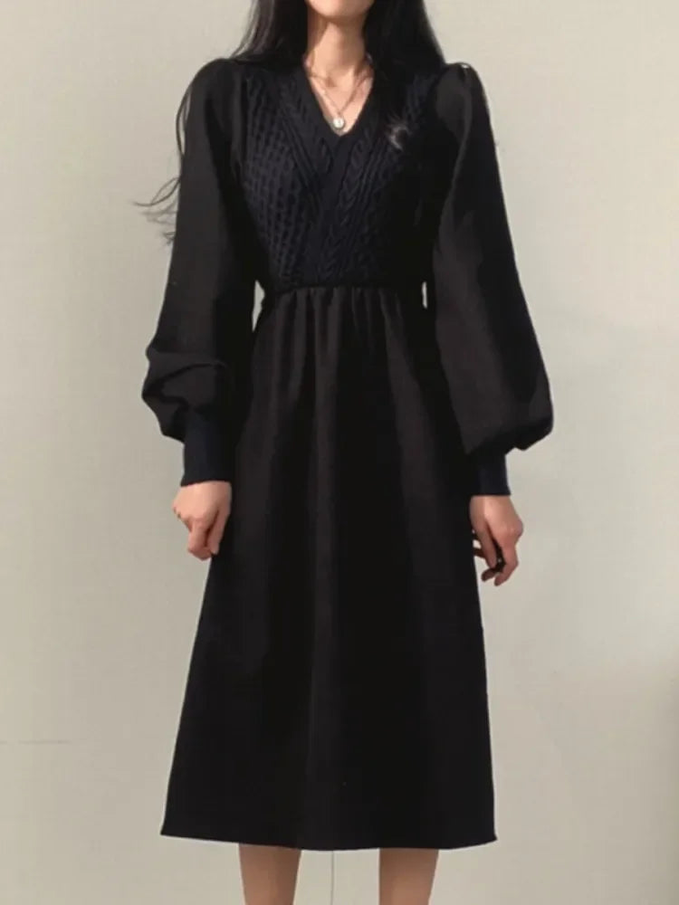 Winter Dress Long Elegant Splicing Stripes Y2k Knitted Dress Women Koean Fashion Long Sleeve Dresses Female Club Party Vestidos Street King Limited