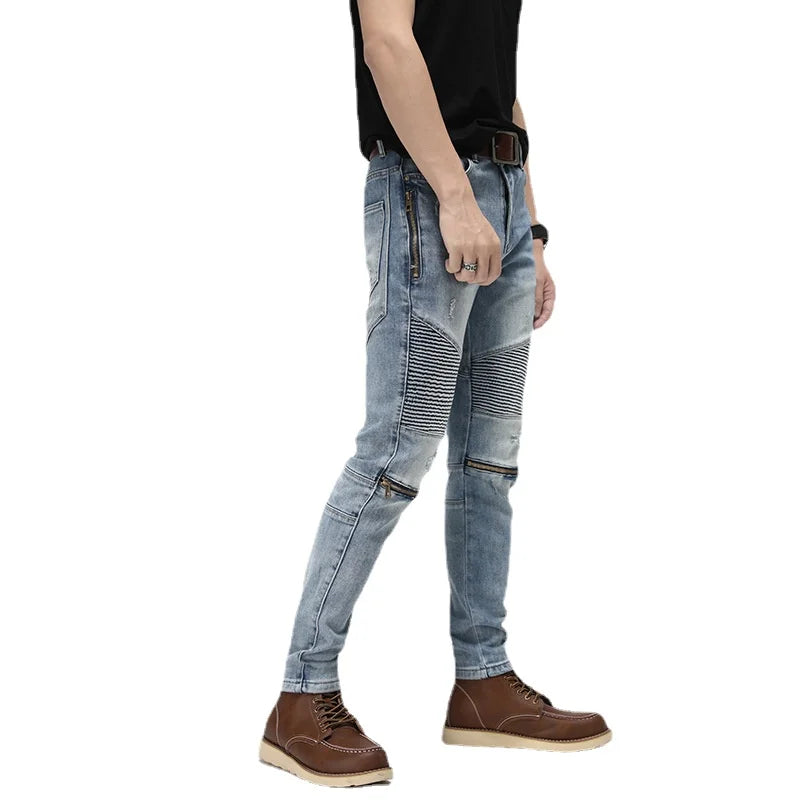 knee zipper patchwork pleated skinny denim jeans men casual slim biker trousers jeans fashion streetwear hip hop pants joggers unique joggers style 122