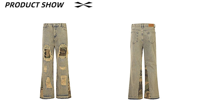 hip hop camouflage ripped patchwork denim pants for men y2k vintage streetwear wide leg jean 2025 new distressed baggy jeans unique jeans style 321