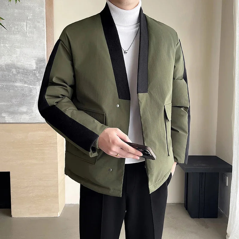 2024 Winter Collarless Cotton-padded Jacket Men Japanese Korean Fashion Loose Casual Thicken Warm Parkas Jacket Cityboy Coat Street King Limited
