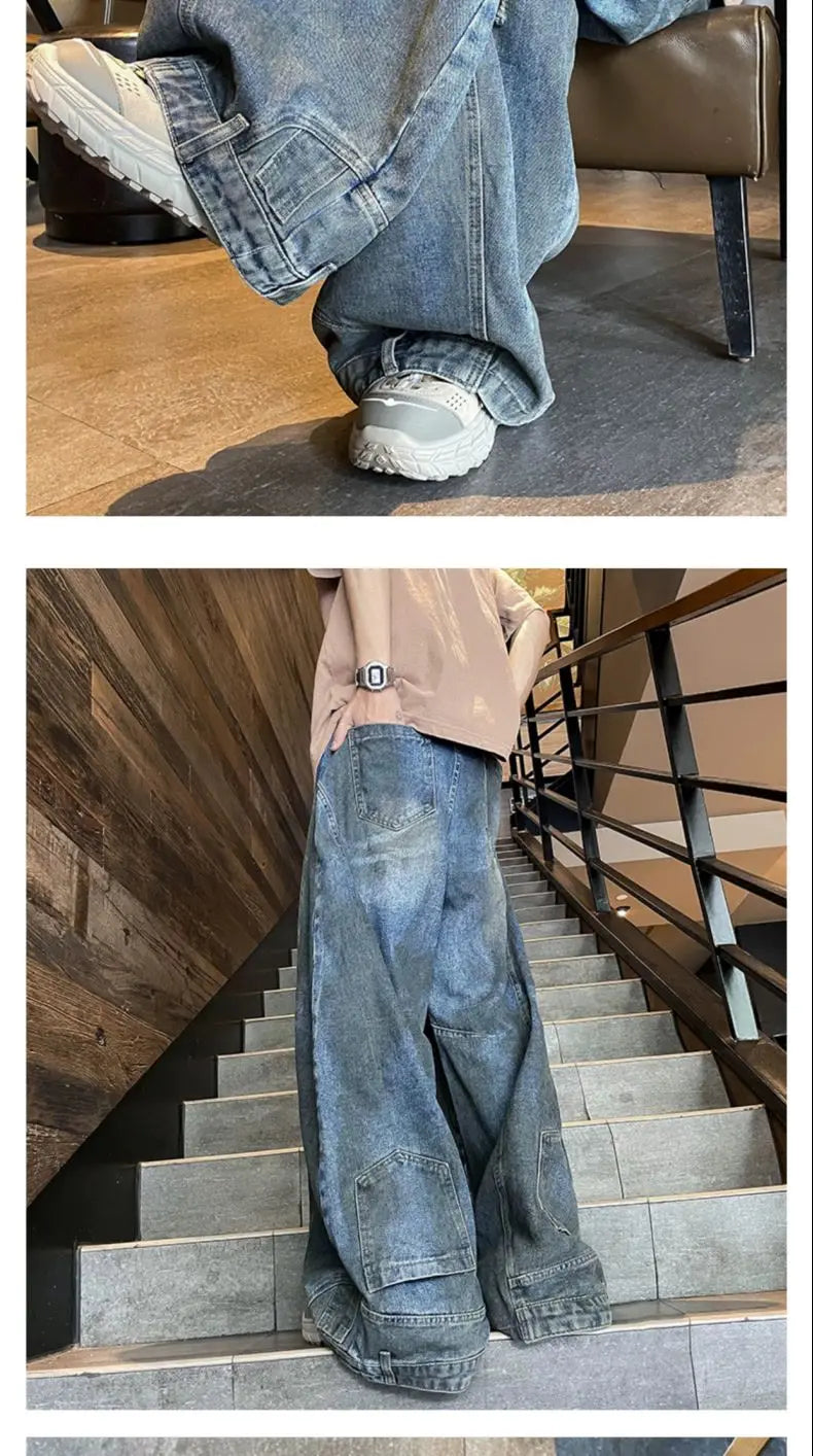 american style dirty and torn hole design straight leg wide leg jeans for men and women high street loose street casual pants unique jeans style 653