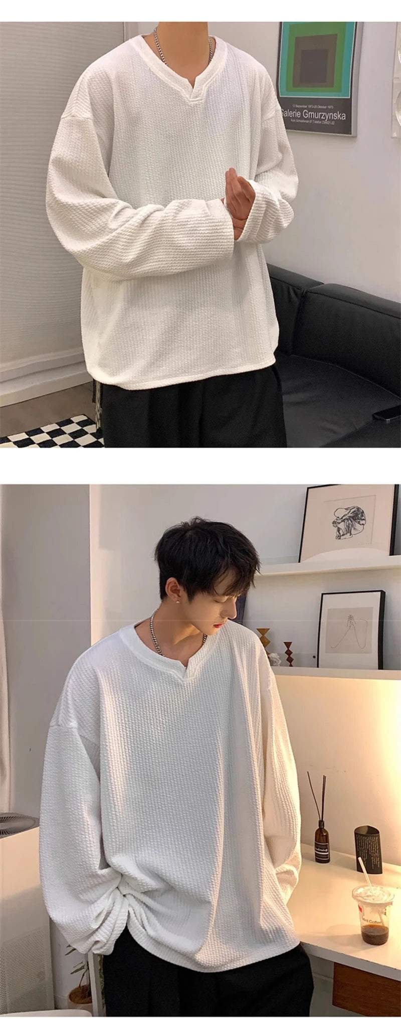Autumn Men's V-neck Long Sleeve T-shirts New Solid Color Jacquard Waffle Pullover Tops High Street Fashion Breathable Tee Shirts Street King Limited