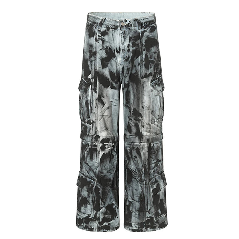 vintage dirty tie dye baggy jeans men multi pocket loose white straight jeans trousers luxury designer oversized denim pant vintage washed jeans