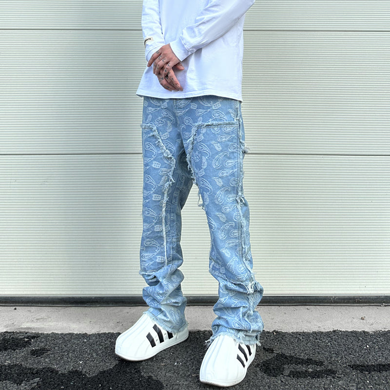 men distressed ripped patchwork paisley denim jean trouser fashion zipper biker jeans streetwear flare pants loose joggers jeans unique joggers style 4007