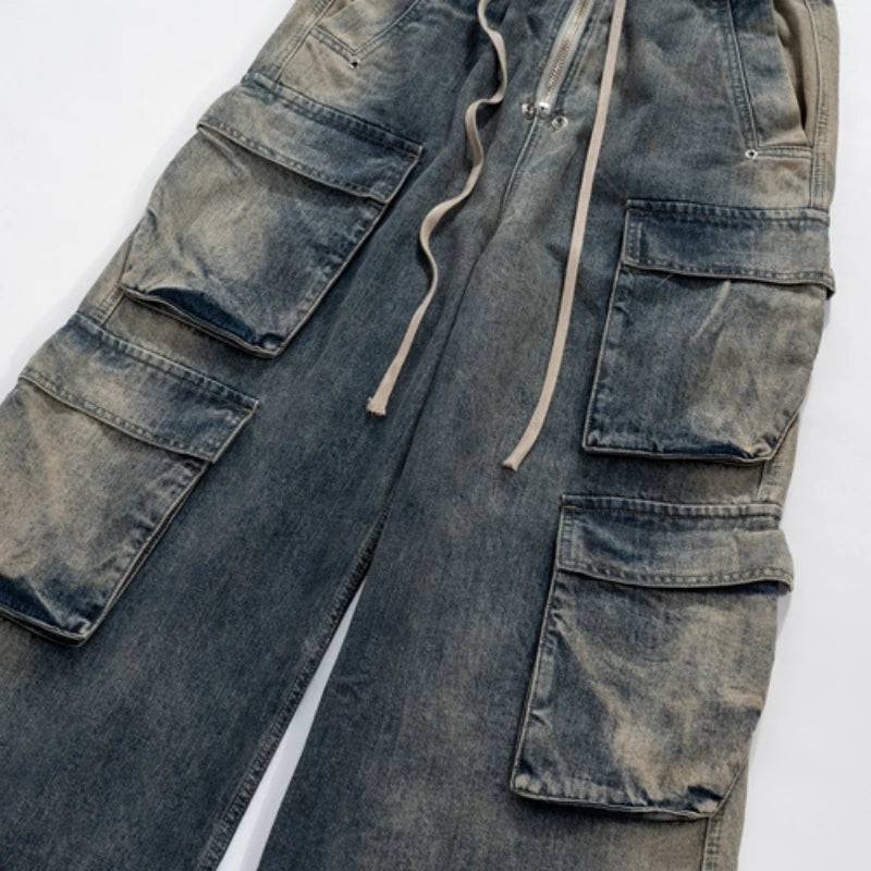 fashion denim baggy cargo jean pants men hip hop elastic waist wide legs retro washed jeans side pocket streetwear jeans joggers unique joggers style 3476