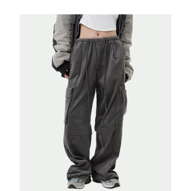 women high street corduroy pants casual elastic waist side pocket loose straight pant unisex hip hop y2k loose streetwear jogger casual joggers