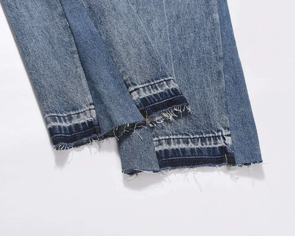 Contrast Color Hole Washed Blue Jeans for Men Streetwear Loose Ripped Flare Pants Frayed Retro Casual Oversized Denim Trousers Street King Limited