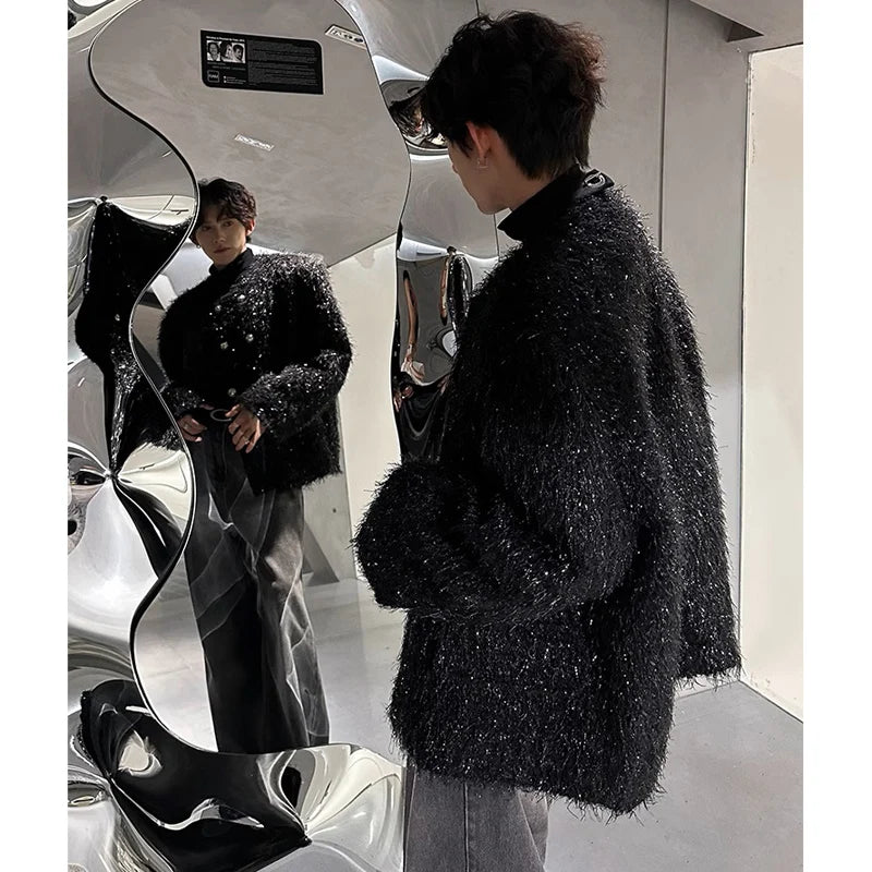 men double breasted french streetwear retro fashion loose casual tassels woolen short jacket man korean coat outerwear casual urban shorts