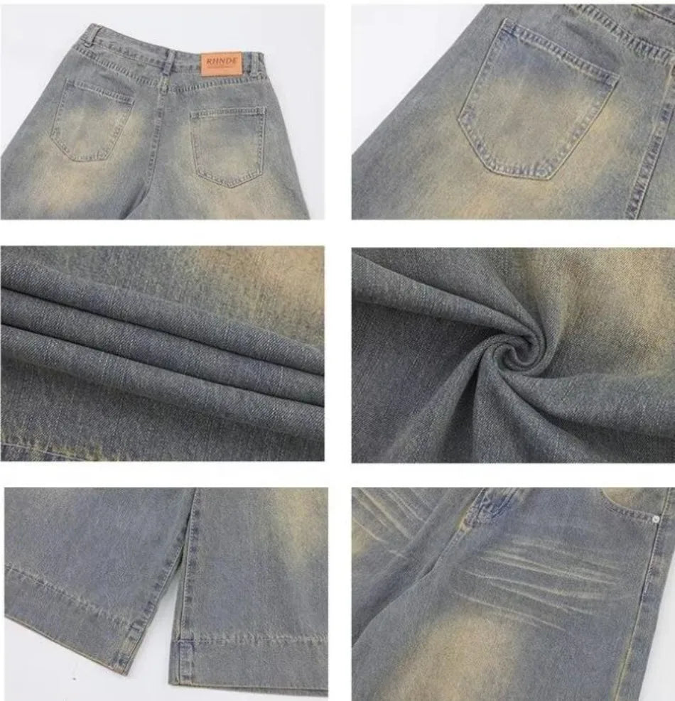 Summer Trend Denim Cropped Trousers Mens American Hip Hop Washed Wide Leg Shorts Unisex High Street Straight Cowboy Mid Pants Street King Limited