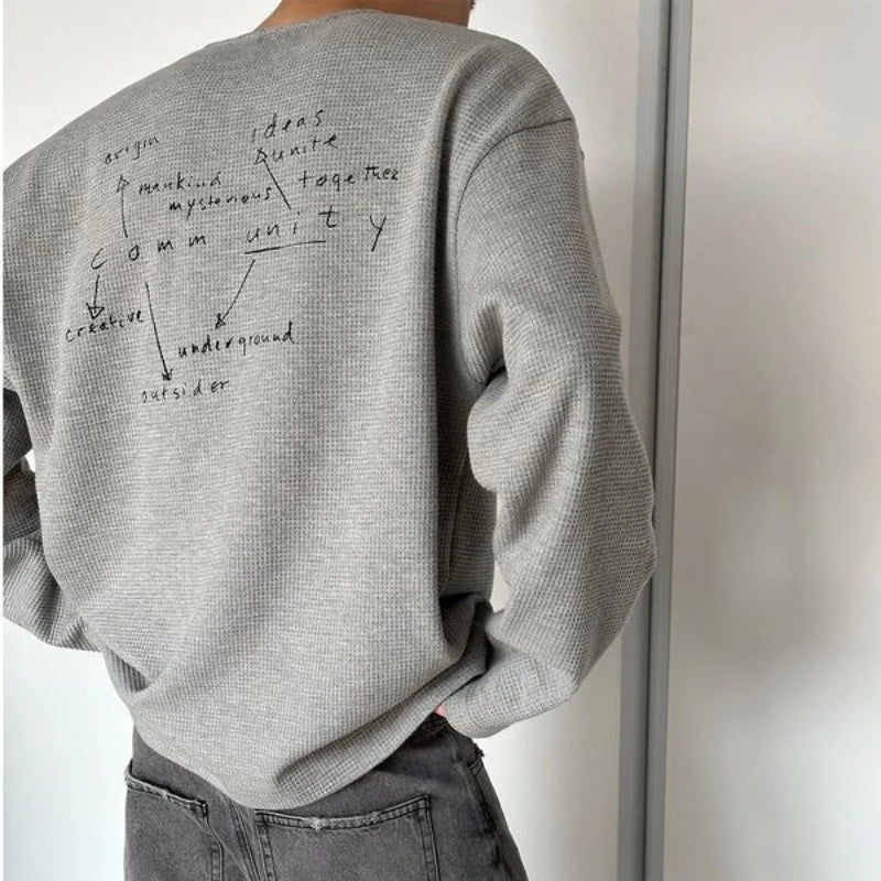 Trendy Korean Style Personalized Floral Gray Waffle Print Long-sleeved Autumn American Men's Women's Y2K Round Neck Sweatshirt Street King Limited