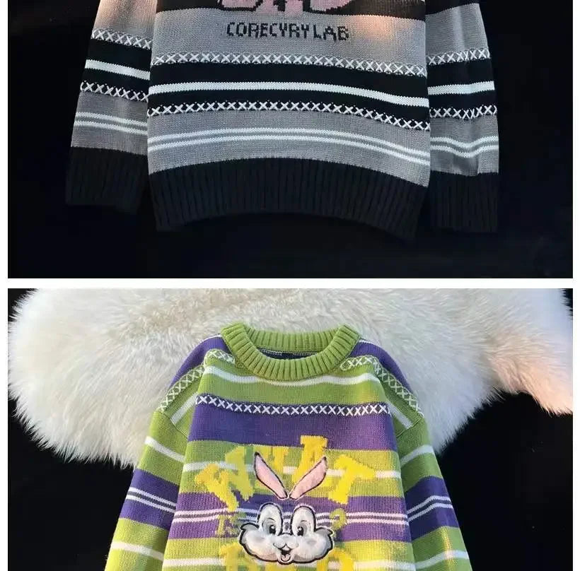 Sweet cool bunny striped knitted sweater for women in autumn and winter loose outer wear lazy style soft and waxy milk kawaii Street King Limited
