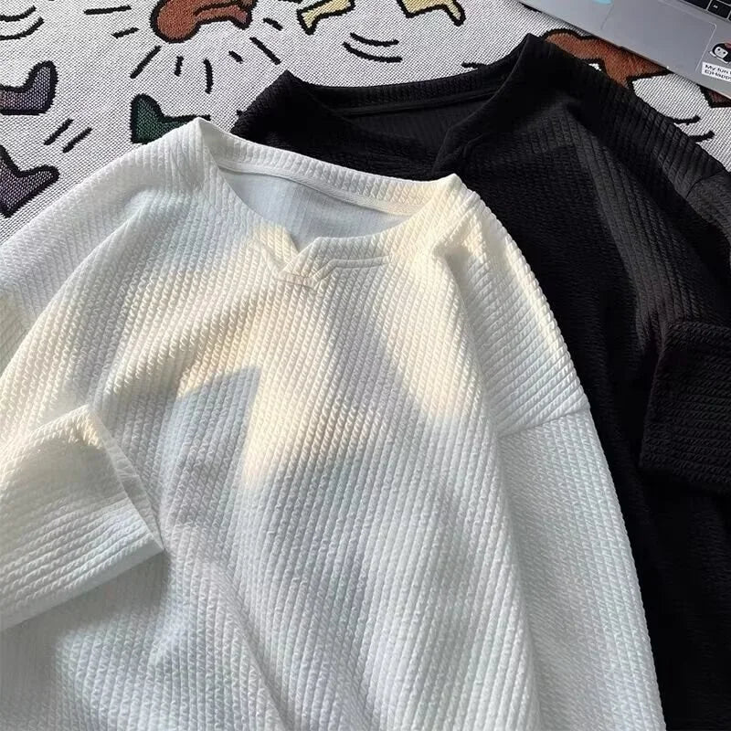 Autumn Men's V-neck Long Sleeve T-shirts New Solid Color Jacquard Waffle Pullover Tops High Street Fashion Breathable Tee Shirts Street King Limited