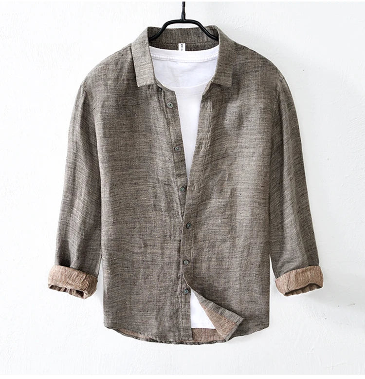 Vintage Linen Shirt Men Spring Autumn New Khaki Lapel Loose Long Sleeve Shirt Retro Casual Solid Breathable Cardigan Top Tees Street King Limited
