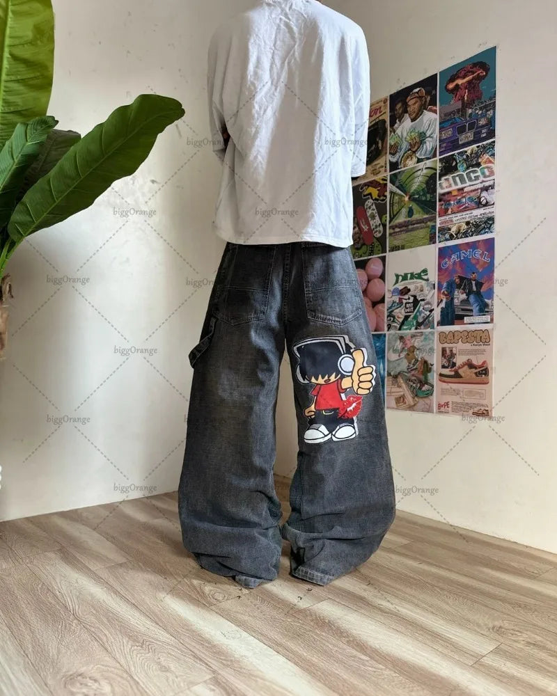 Y2K Harajuku Retro Washed Baggy Jeans Street Hip-hop Anime Printed Wide Pattern Straight Pants Men Trendy Brand Casual Trousers Street King Limited