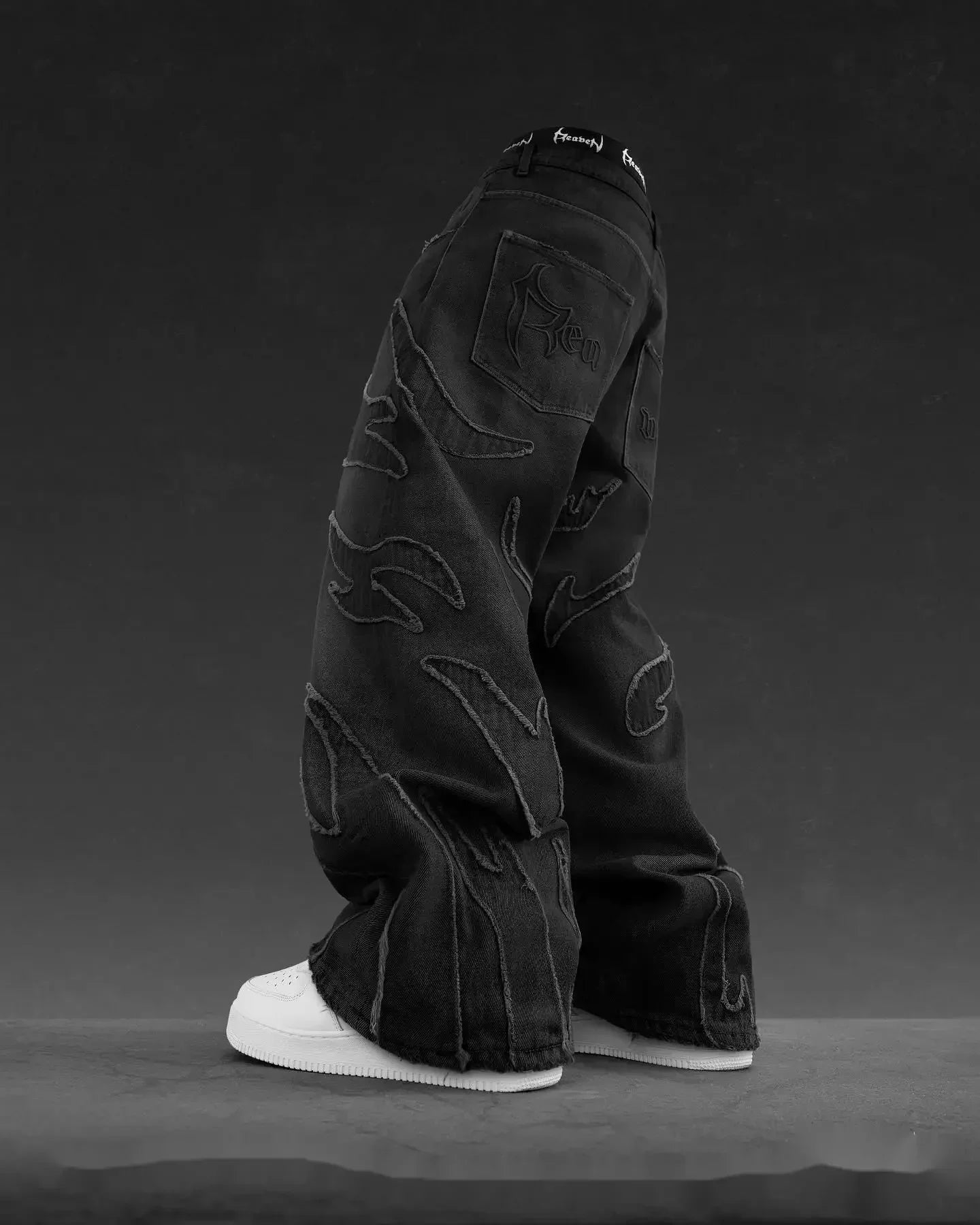 vintage y2k hip hop punk raw edge embroidery jeans black baggy jeans for men pattern patchwork high waisted denim pants unique jeans style 3920