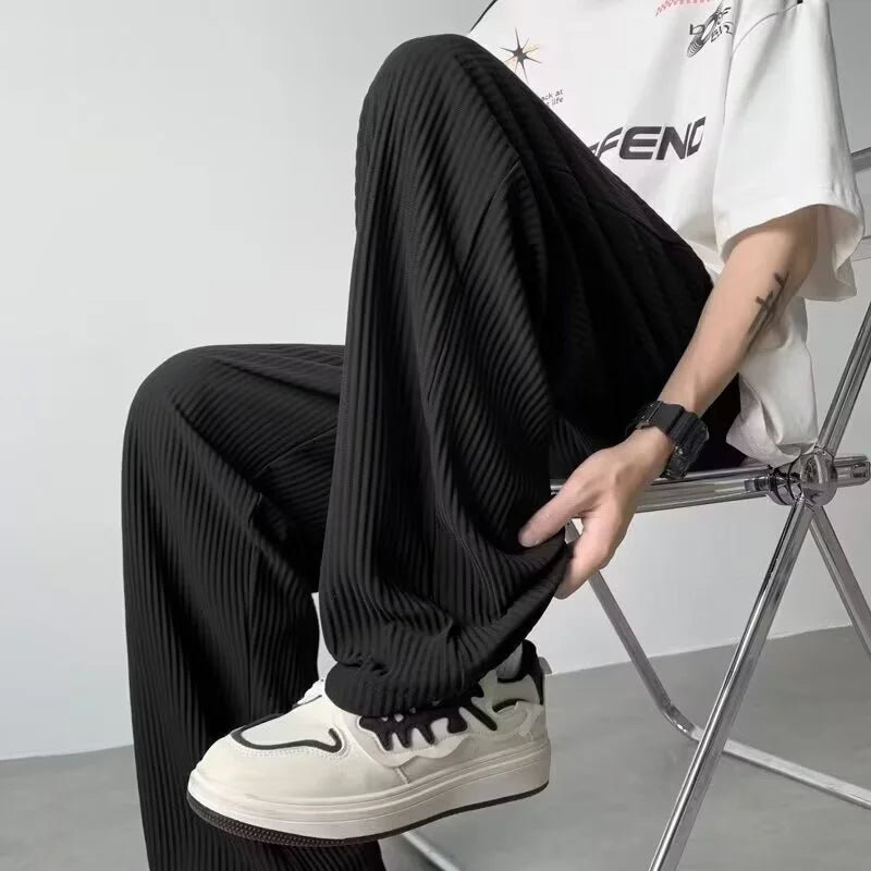 summer texture straight pants for men korean fashion baggy wide leg trousers casual drape pleated striped y2k pantalones hombre minimalist street pants