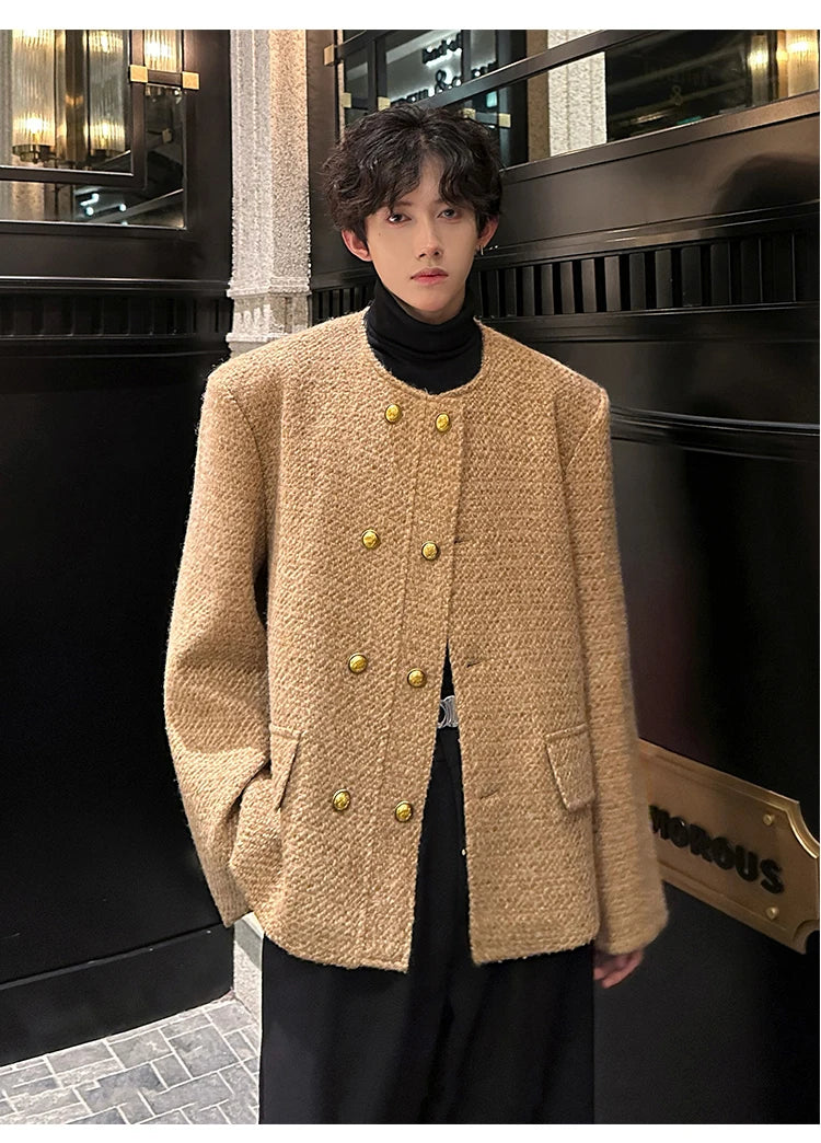 men double breasted french retro loose casual woolen short jacket man korean streetwear show fashion coat autumn outerwear unique shorts style 1313