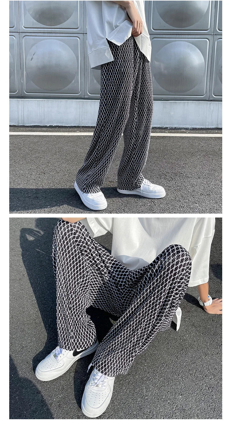 Summer Pleated Pants Men Fashion Casual Plaid Pants Men Streetwear Korean Loose Straight Ice Silk Pants Mens Plus Size Trousers Street King Limited