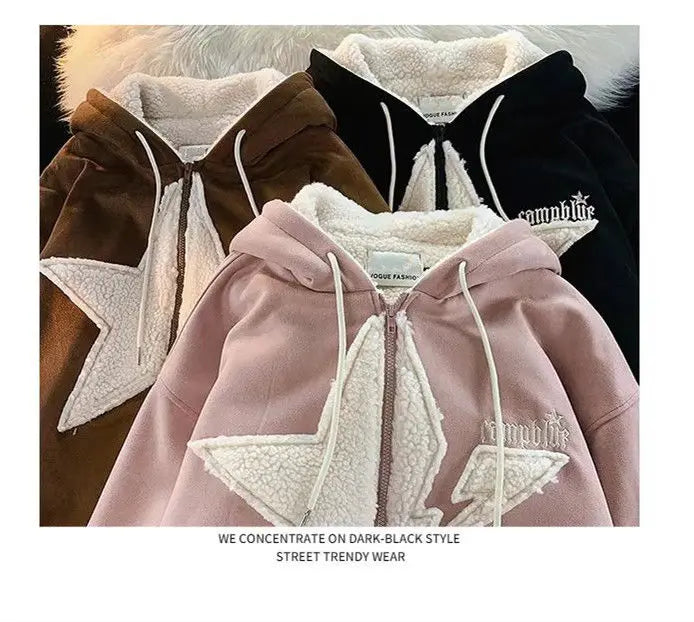 Star Hoodie American Style Retro Jackets Five Pointed Plush Thickened Lamb Wool Coat Women Autumn and Winter Loose Lazy Style Street King Limited