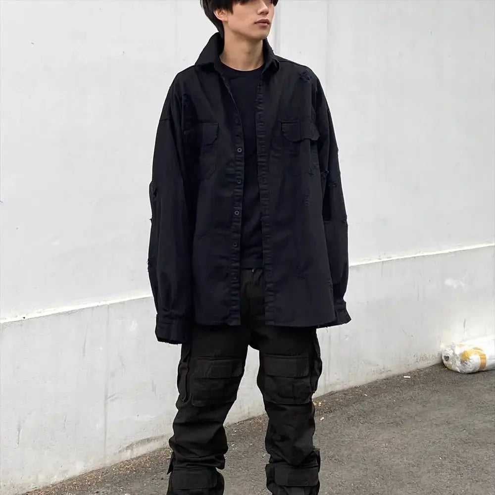 Undermycar 2023 New Worn Out Heavy Work Durable Splice Extra Large Loose Plaid Shirt with Black and Red Plaid Street King Limited