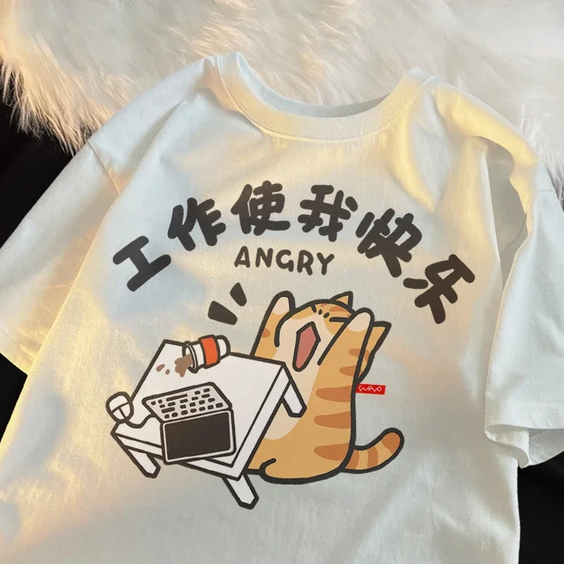 Trendy Street Trend Cat Print Men and Women Vintage Personalized Graphic T-shirt Academy Style Loose Round Neck Short Sleeve Street King Limited