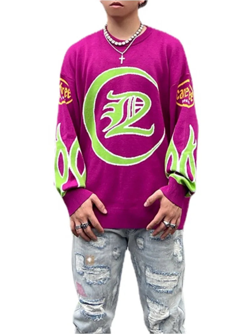 Hip Hop Knitted Sweater Men Letter Fire Pattern O-neck Pullover Streetwear Casual Loose Sweater Unisex Harajuku Jumpers Knitwear Street King Limited