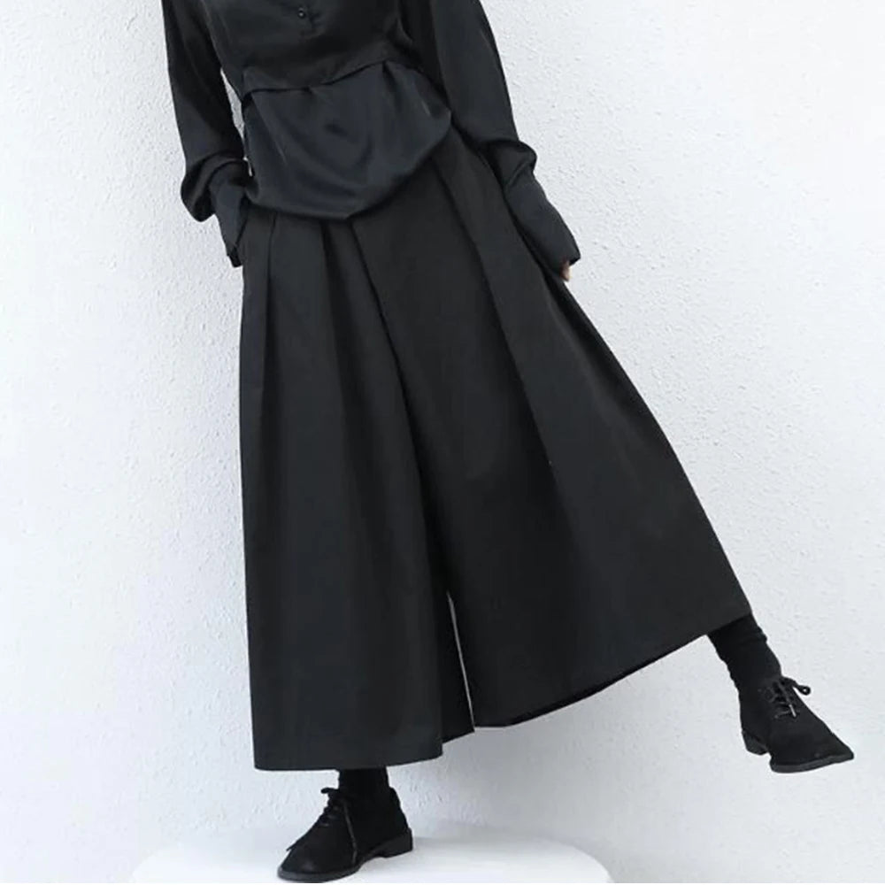 trendy gothic loose casual culottes mens japanese wide leg pants new oversize design streetwear dark black trousers male clothes clean everyday pants