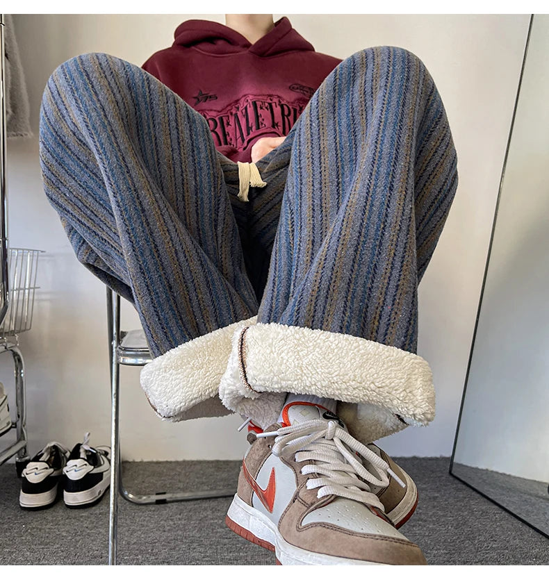 high quality stripe plaid mens trousers baggy straight fashion classic padded autumn winter casual pants male plus size m 8xl unique default style 1168