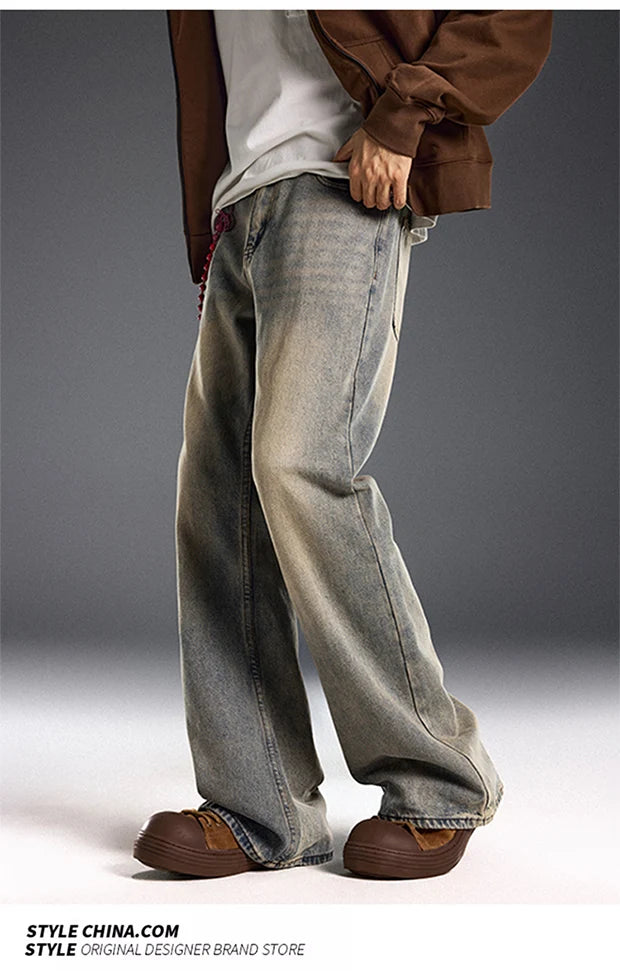 red chain pendant washed vintage jeans men women streetwear fashion hip hop loose casual wide leg denim jeans pants trousers unique jeans style 1433