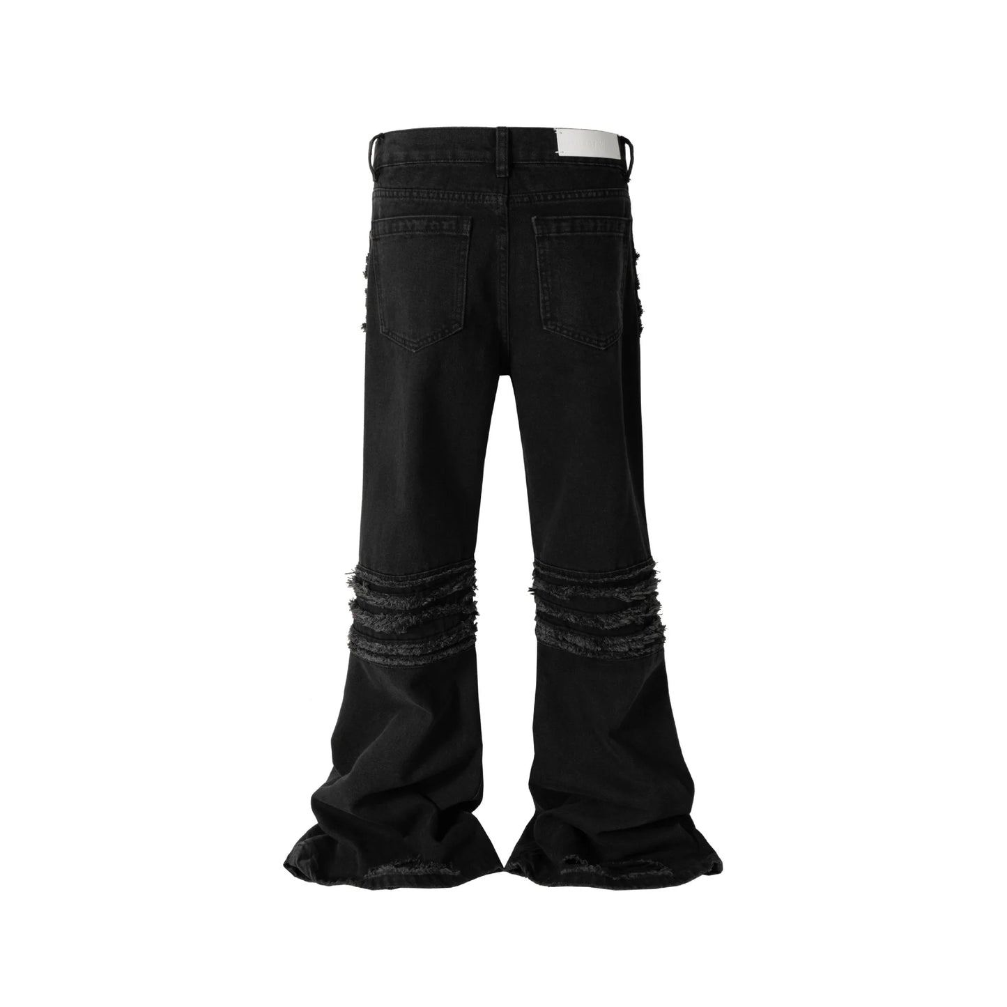 y2k streetwear trendy oversized micro flare jeans black ro hip hop washed tassel distressed denim jean raw edge mens wide pants unique jeans style 4774