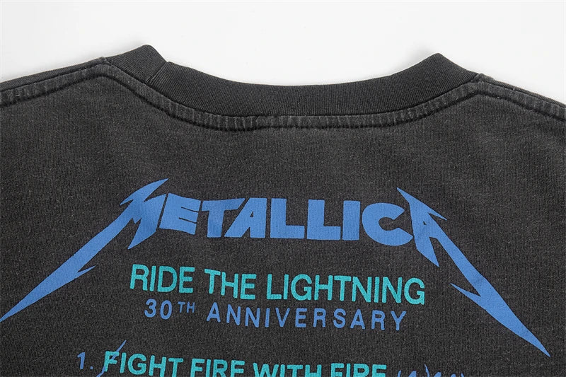 Summer Vintage High Street Wash Lightning Print T-shirt Vintage Heavy Metal Rock Band Short Sleeve Japanese Street Pure Cotton Street King Limited