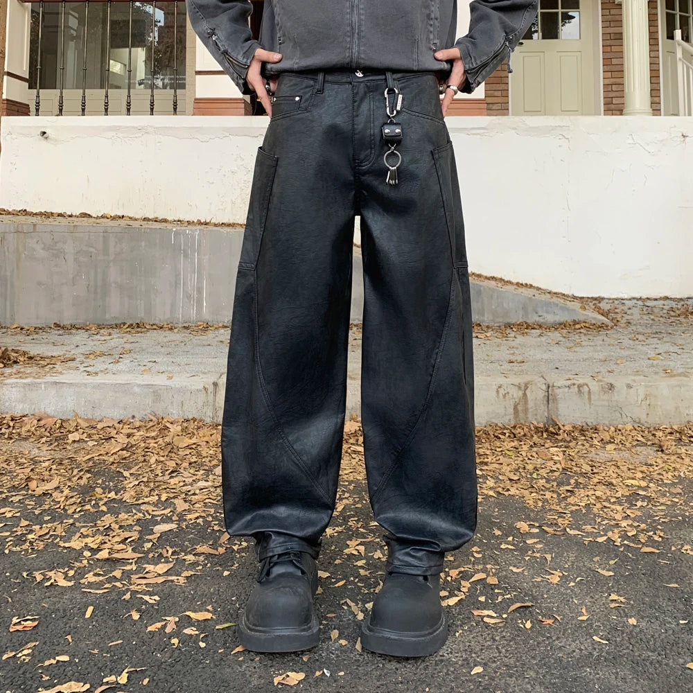 men brand fashion splice pocket loose casual wide leg leather baggy pant cityboy streetwear cargo motorcycle pants trousers combat utility trousers