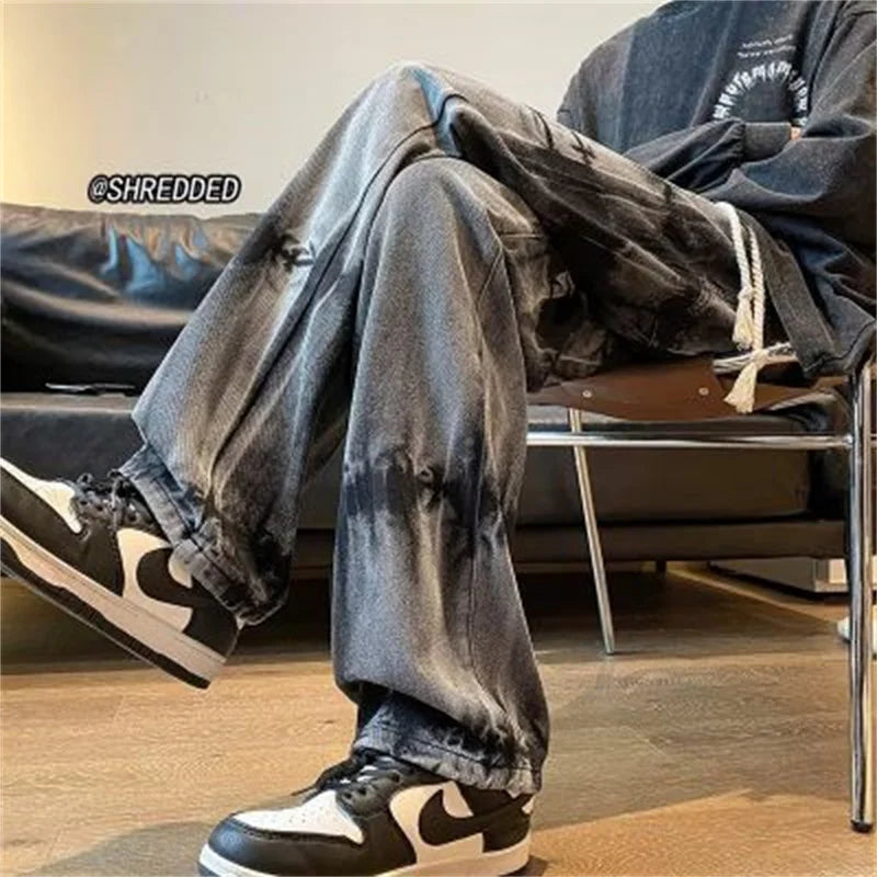 2025 new tie dye retro drawstring jeans for men baggy high street straight pants hip hop fashion casual y2k jean hombre pantalon urban skinny jeans