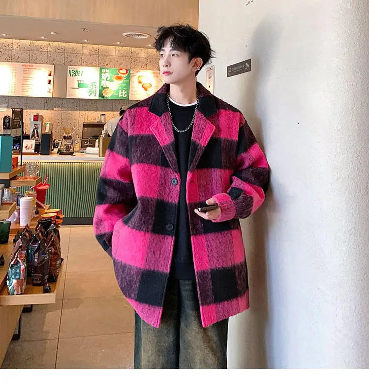 plaid woolen trenchcoat men autumn winter fashion retro streetwear suit collar loose casual trendy trench coat outerwear unique default style 1193