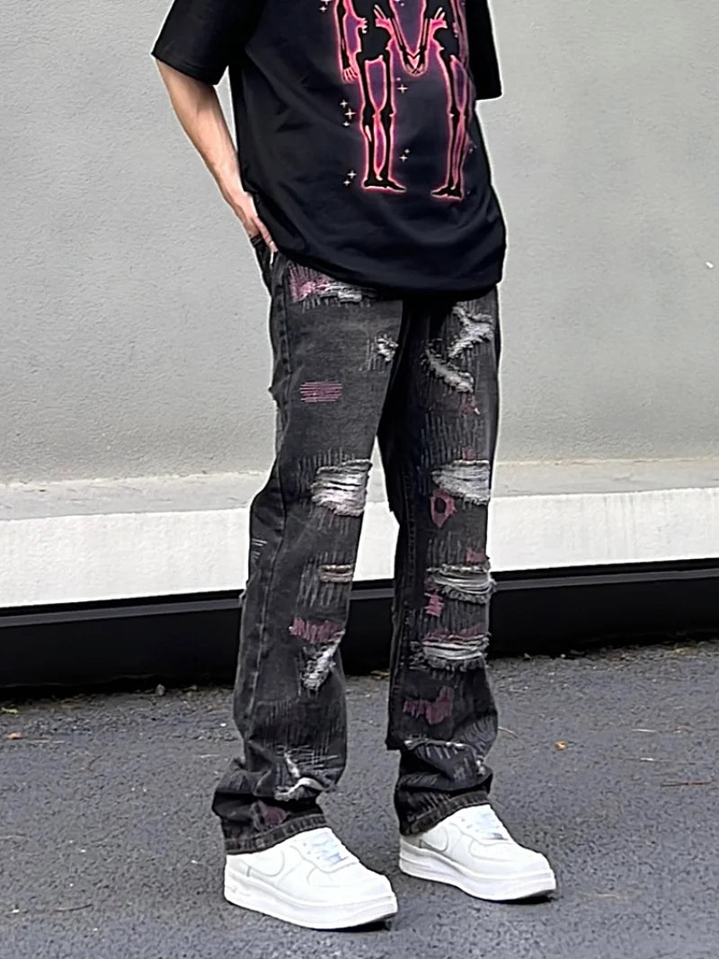 harajuku irregular scratched ripped holes denim jeans men zipper jeans hip hop streetwear new casual straight joggers jean pants streetwear sweatpants