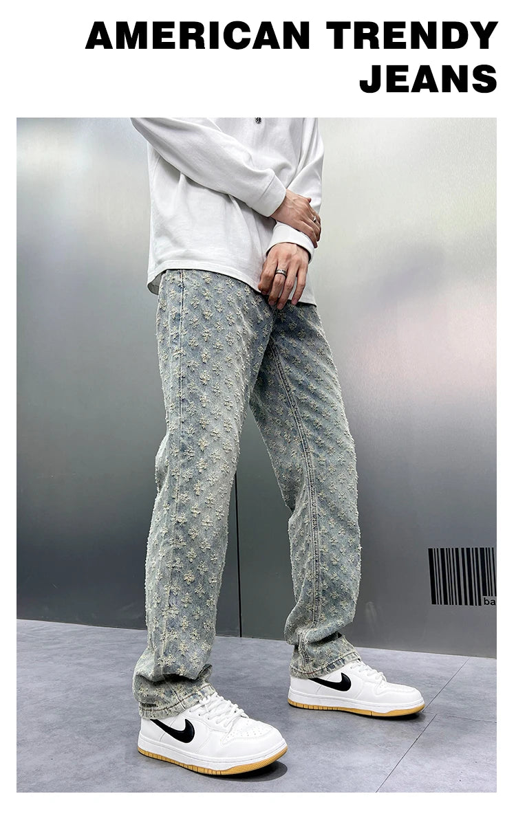 Men Wide Leg Denim Pants High Street American Retro Jacquard Loose Straight Jeans Y2K Fashion Streetwear Baggy Trousers Street King Limited