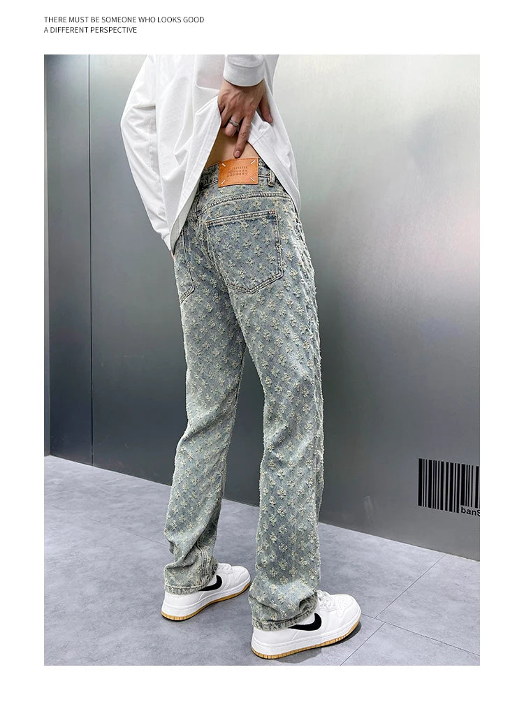 Men Wide Leg Denim Pants High Street American Retro Jacquard Loose Straight Jeans Y2K Fashion Streetwear Baggy Trousers Street King Limited