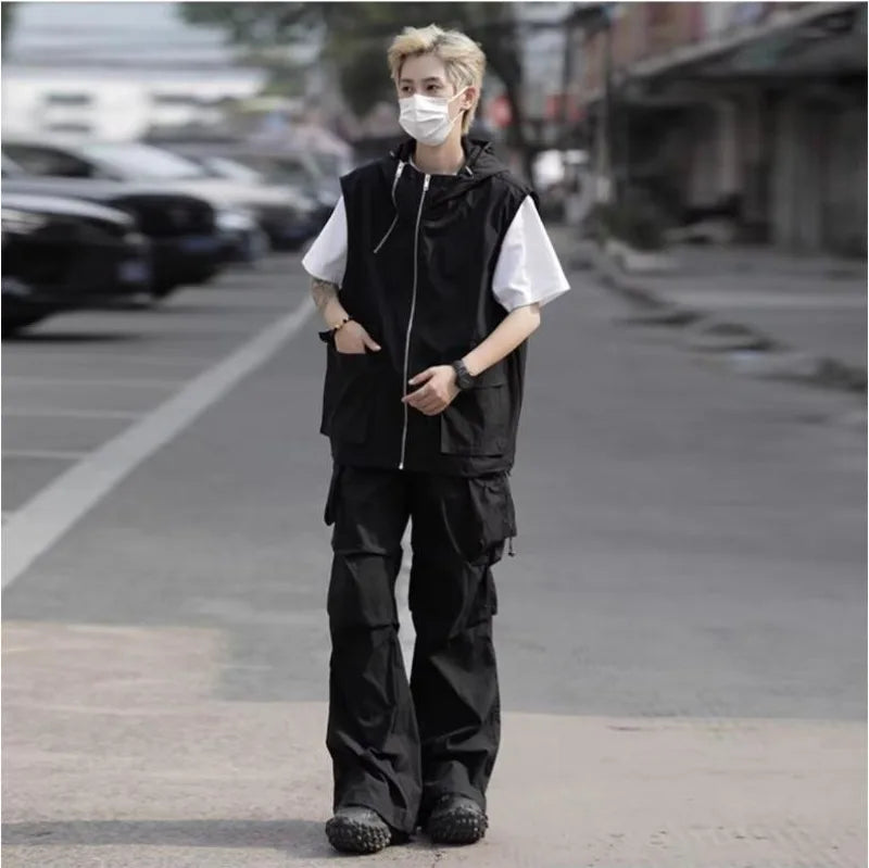 summer casual sleeveless set men hip hop loose hooded vest pockets straight leg cargo pants 2 piece outdoors sports camp suit unique cargo style 3843
