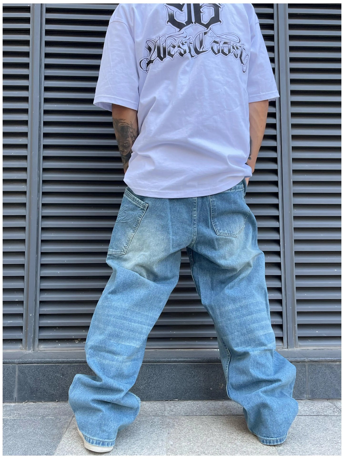 fashion loose streetwear denim jeans pants unisex casual side pocket wide legs jean trousers hip hop joggers mens baggy jeans unique joggers style 757