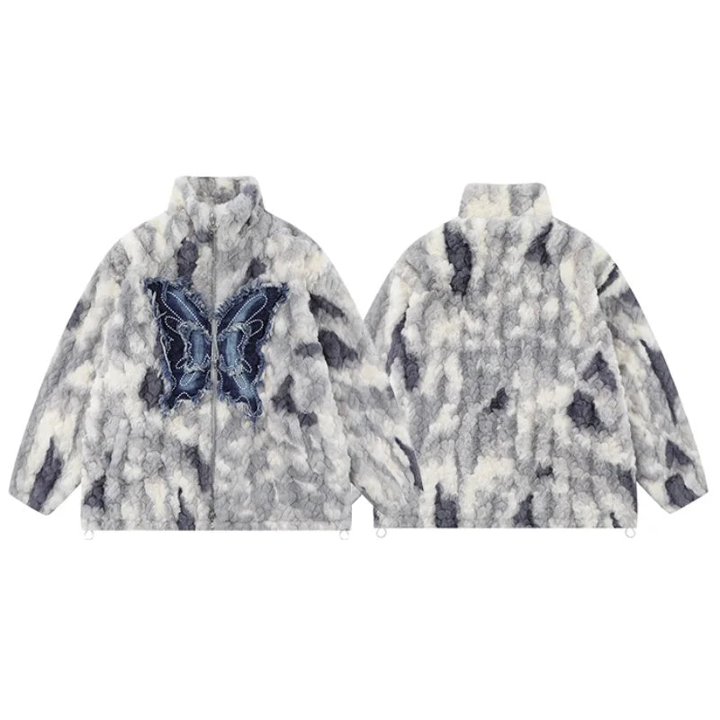 mens hip hop fleece jackets coats patchwork butterfly stand collar jacket parka zipper warm hairy jacket coat outerwear hipster menswear bottoms