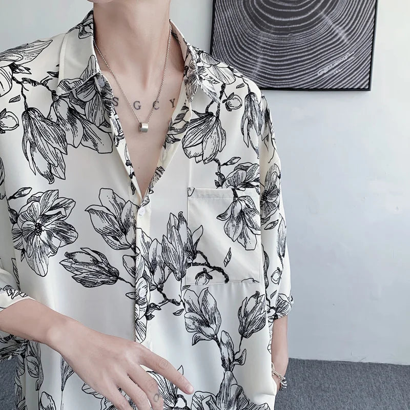 Summer Flower Shirt Men Fashion Printed Ice Silk Shirt Men Streetwear Loose Short Sleeve Shirt Mens Oversized Hawaiian Shirt Street King Limited