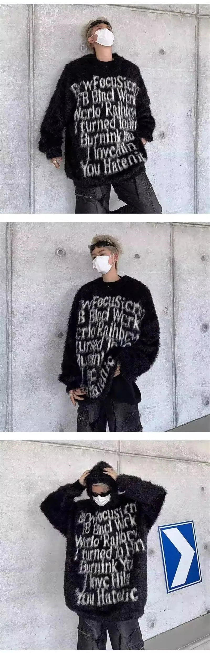 American Goth Fashion Hooded Sweater Mens Hip Hop Letter Jacquard Knit